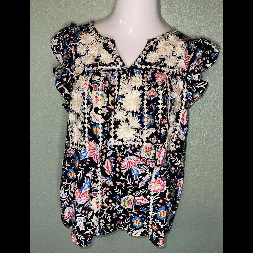 Savanna Jane Women's Embroidered Black Ivory  Short Sleeve Shirt Blouse L 0263
